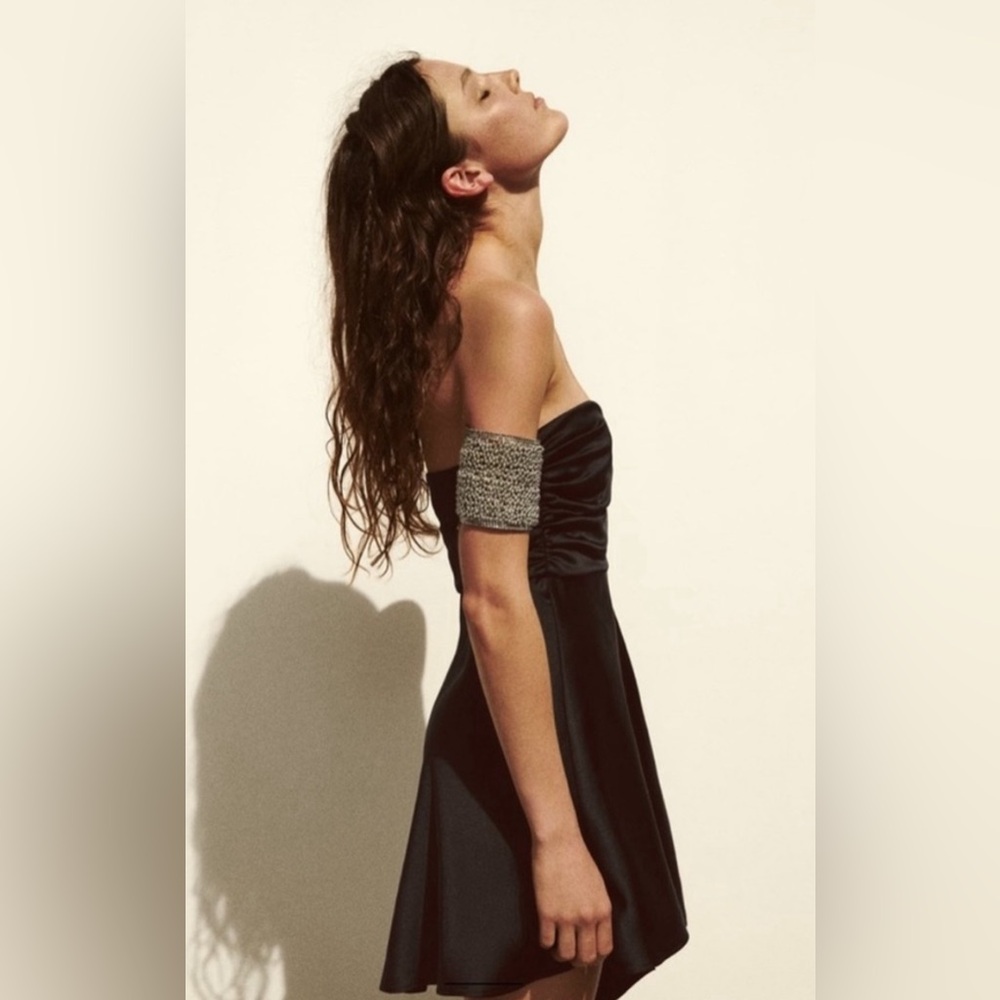 Zara Satin Effect Black Strapless Asymmetrical Draped Cocktail Dress - Size XL - Picture 2 of 9